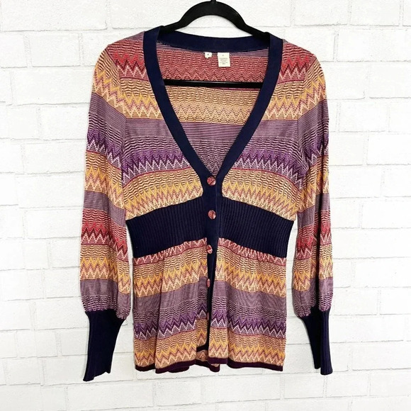 Moth - Anthropologie Striped Bubble Sleeve Button Front Cardigan Sweater Size XS - Picture 2 of 8